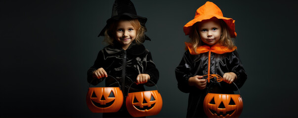 Children in halloween costumes with candy buckets. Free space for text. Halloween concept. Halloween backgorund