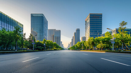 Empty city square road and modern business district of - obrazy, fototapety, plakaty
