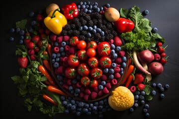 Naklejka na ściany i meble a heart of fruits and vegetables on a blue background