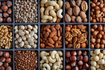 Different types of nuts, nut mix of almonds, hazelnuts, cashews, peanuts on a wooden board. top view