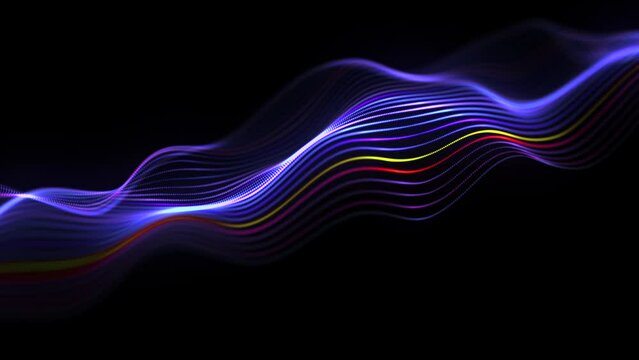 Glowing dotted lines on the surface of waving ribbon. Abstract concept of sound waves, artificial intelligence network or big data. 4K looped video of 3D flowing colored soundwaves on black background