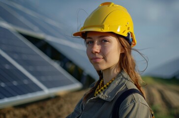 Sustainable Energy Engineer: Young Female Professional at Solar Panel Site