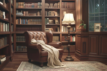 Vintage armchair with wool plaid inviting to rest in refined library space. Old fashioned cabinet with bookshelves and floor lamp in mansion - obrazy, fototapety, plakaty