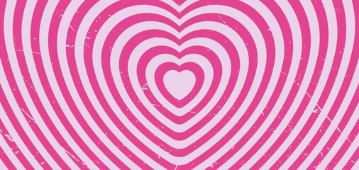 Tunnel of hypnotic pink heart shape. Retro psychedelic wallpaper,  with vintage textured effect. Vector illustration