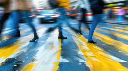 A diverse group of individuals walking across a marked crosswalk at an urban intersection