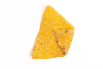Crispy corn tortilla nachos chips isolated on white background clipping path