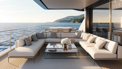 Fototapeta premium Chillout place on yacht deck at quiet luxury sea cruise. Travelling by vessel in tranquil azure ocean. Comfort for rich passenger
