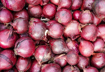 Red onions. Ripe and shiny onions background. Onion theme.