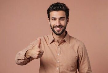 A friendly man with stubble in a salmon shirt giving two thumbs up, his smile suggests agreeableness and contentment. - obrazy, fototapety, plakaty