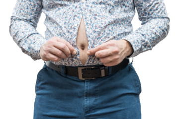Overweight man with fat belly trying to fasten tight shirt, isolated on transparent background