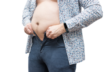 Overweight man with fat belly trying to fasten tight trousers, isolated on transparent background