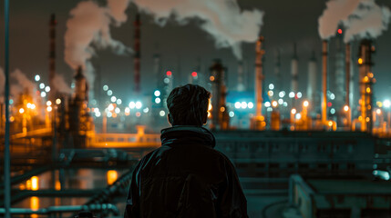 Back view of a curious man watching at night factory