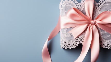 Delicate blue background with heart shapes, pink ribbons, lace patterns - design, valentines day