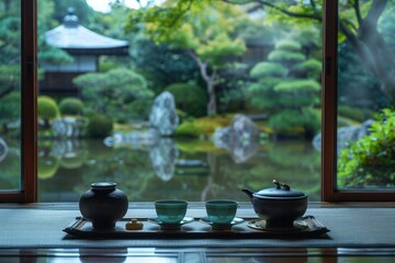Traditional Japanese tea ceremony, with delicate teacups, intricately designed sweets, and the serene beauty of a Japanese garden in the background.  - obrazy, fototapety, plakaty