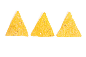 Three crispy corn tortilla nachos chips isolated on white background clipping path