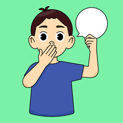 Surprised boy covers his mouth with his hand, the other hand holds an empty white cloud