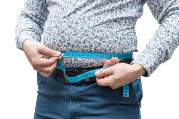 Overweight man with fat belly wearing shirt and trousers measure waist with measuring tape,...