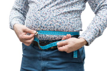 Overweight man with fat belly wearing shirt and trousers measure waist with measuring tape, isolated on transparent background