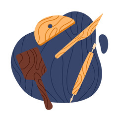 Wooden-handled pottery tools. Various tools for sculpting pottery. Equipment for pottery and ceramic clay. Handmade and hobby. Vector illustration in cartoon style. Isolated on white background