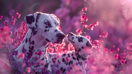 Cinematic photograph of dalmatian dog and baby in a field full of blooming flowers. Mother's Day. Pink and purple color palette.