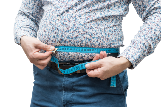 Overweight man with fat belly wearing shirt and trousers measure waist with measuring tape, isolated on transparent background - Powered by Adobe