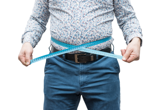 Overweight man with fat belly wearing shirt and trousers measure waist with measuring tape, isolated on transparent background