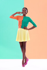 Black woman, fashion and portrait, studio and smile or happiness with color block background....