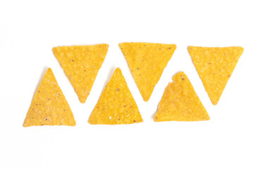 Crispy corn tortilla nachos chips photo concept of rectangle formation isolated on white background...
