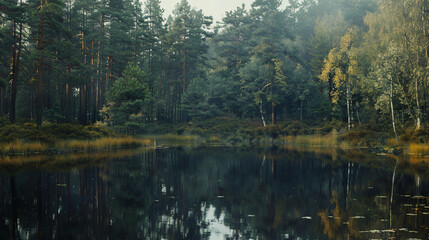 Forest on the shore of the lake with reflection in the