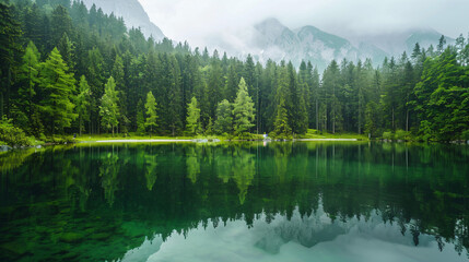 Forest on the shore of the lake with reflection in the