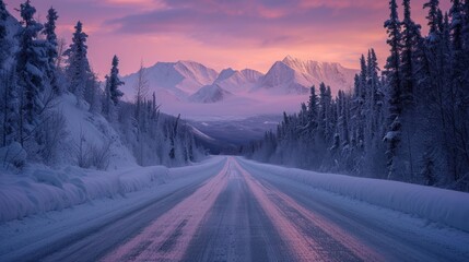 a road in the middle of a snow covered forest with a mountain range in the distance in the distance is a pink sky.