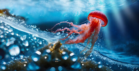 Red jellyfish or portuguese galley on a water reef with water bubbles and sunlight trought the waves. 