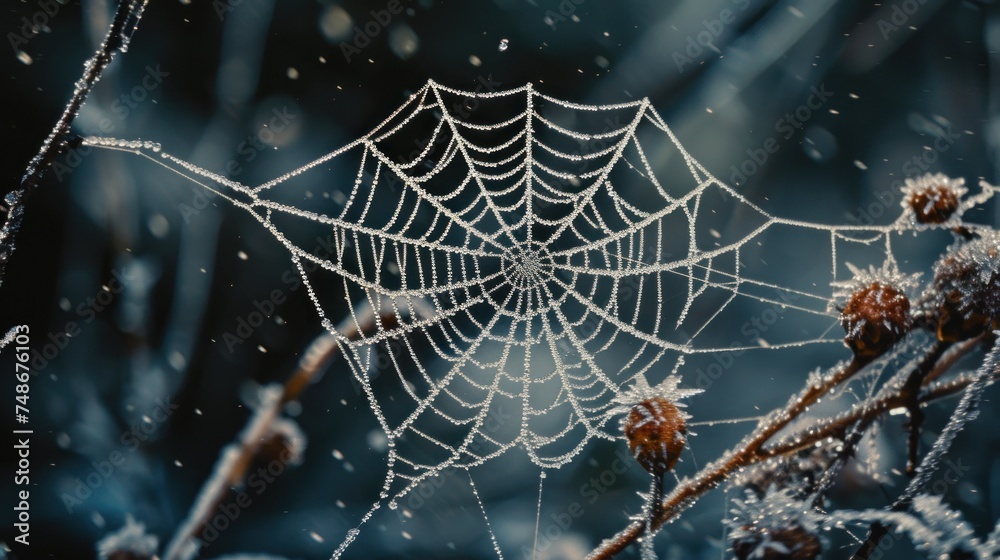 Wall mural a close up of a spider web on a tree branch with dew droplets on the spiderwefe's web.