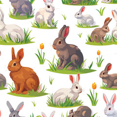 Seamless pattern rabbits in spring time. cartoon vector