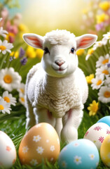 Obraz na płótnie Canvas Cute easter lamb and colorful easter eggs in spring meadow with flowers
