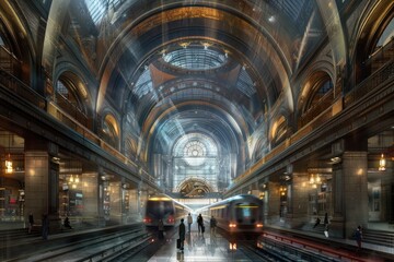 Obraz premium Ttrain station, with trains arriving and departing, travelers rushing to catch their connections, and the iconic architecture of the station 