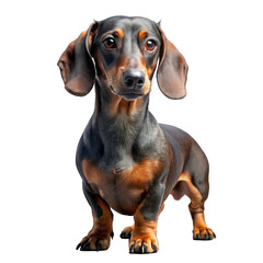 Isolated brown dachshund puppy sitting on a white background, looking adorable and cute in a studio portrait, showcasing its purebred pedigree and funny sausage-like appearance - obrazy, fototapety, plakaty