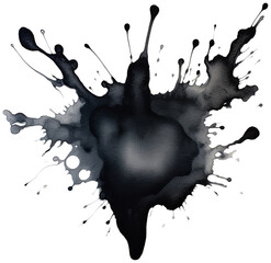 black watercolor ink blot isolated on a white transparent background, available in PNG format.
