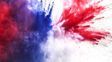 Vibrant French tricolor powder explosion on isolated backdrop for soccer and travel enthusiasts.