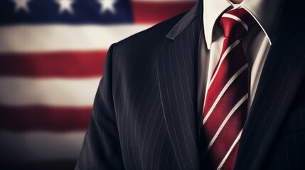 Successful american businessman wearing formal attire in front of the us flag backdrop