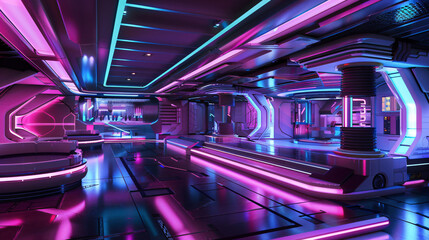 Futuristic platform with neon lights .