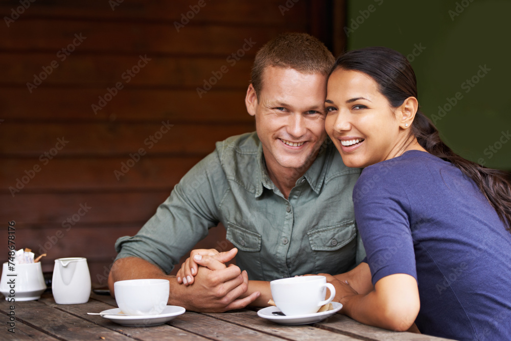 Sticker Restaurant, coffee and couple with love, portrait and customers with relationship and date. Cafe, relax and man with woman or morning with weekend break or bonding together with clients or marriage