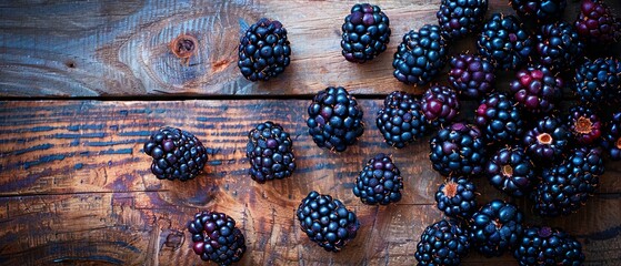 Blackberries on Vintage Wood in Flat Lay Style

