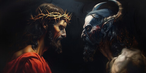 Jesus vs satan face off. Religious battle of good versus evil banner with Christ face to face with the devil - obrazy, fototapety, plakaty