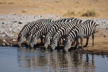 Fototapeta na wymiar Group of Zebras quenching thirst at camp watering spot.