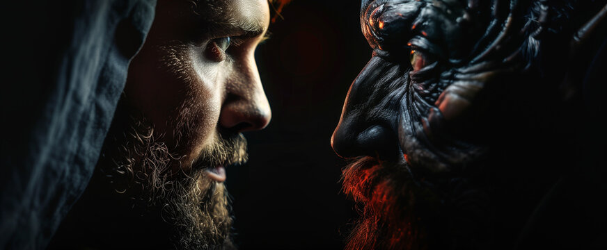 Jesus vs satan face off. Religious battle of good versus evil banner with Christ face to face with the devil