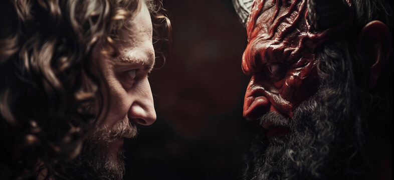Jesus vs satan face off. Religious battle of good versus evil banner with Christ face to face with the devil