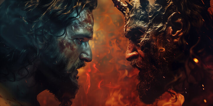 Jesus vs satan face off. Religious battle of good versus evil banner with Christ face to face with the devil