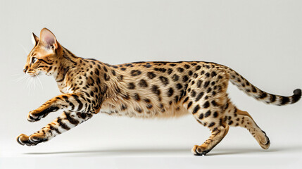 A Savannah cat with a soft white background.