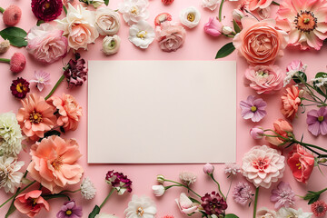 Flat lay of flowers around a blank card on pink background, ideal for invitations.